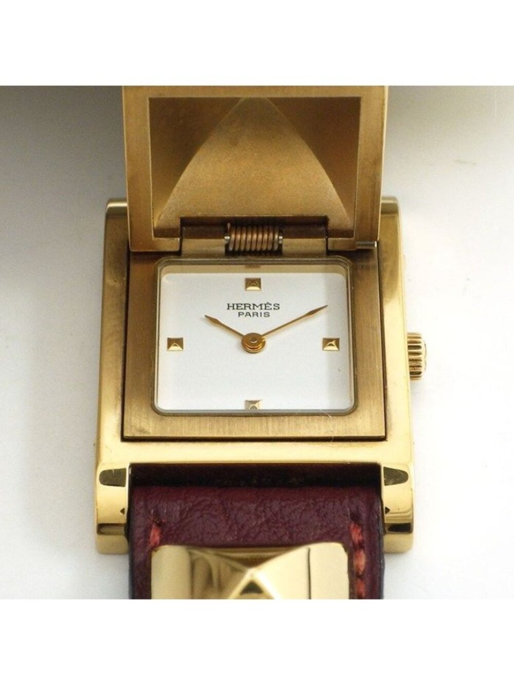 Hermes Watch Medallion Studs Square White Dial Red Leather Quartz Analog - Picture 2 of 12